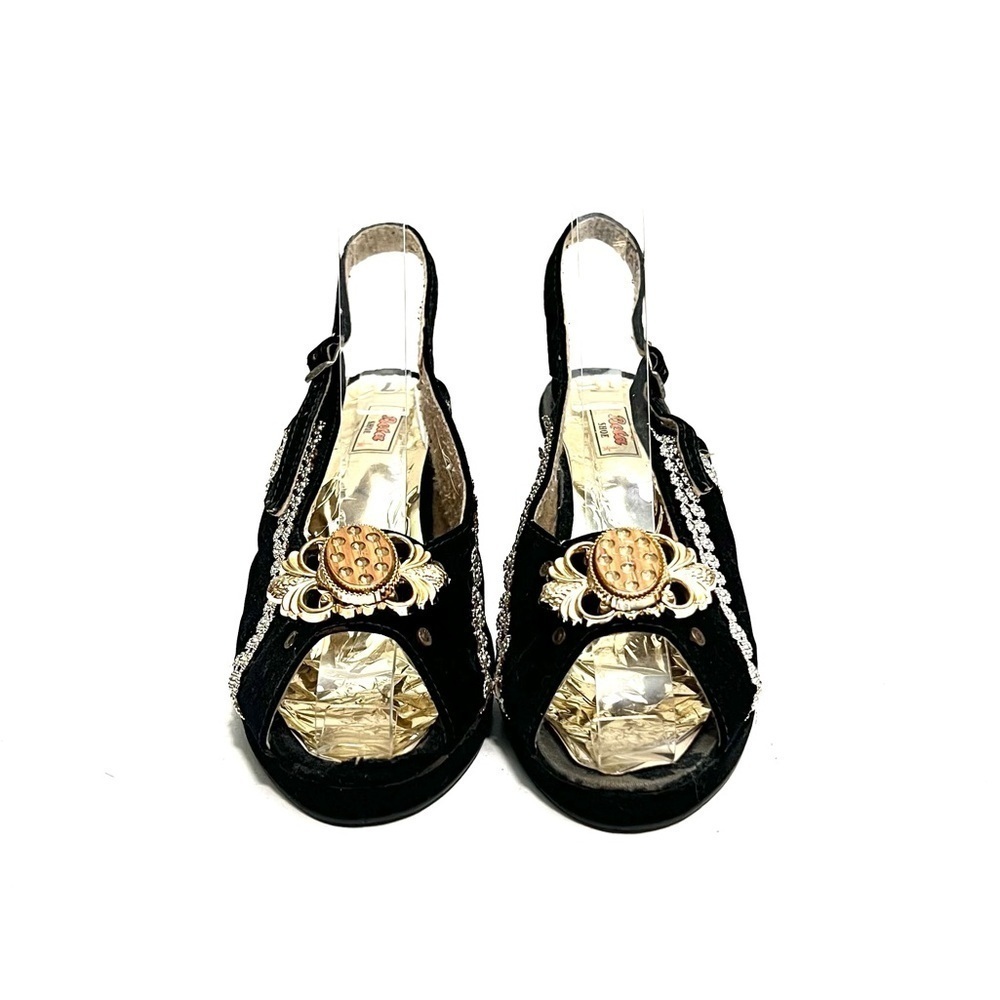 Vintage 1950s black velvet gold maximalist embellished open toe slingback heels - Picture 3 of 8